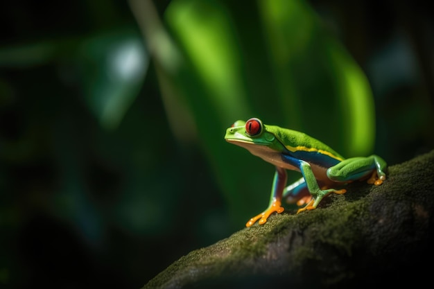 Close-up eines rotäugigen Baumfrosches, der mit generativer KI-Technologie auf einem Zweig angesiedelt ist