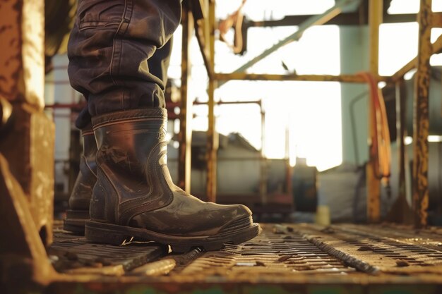 Foto close-up em botas de dedos de aço trabalhador em pé plataforma fora de foco