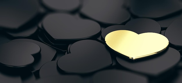 Close-up em formas de coração preto e dourado, fundo preto, design moderno. Conceito de amor. Ilustração 3D