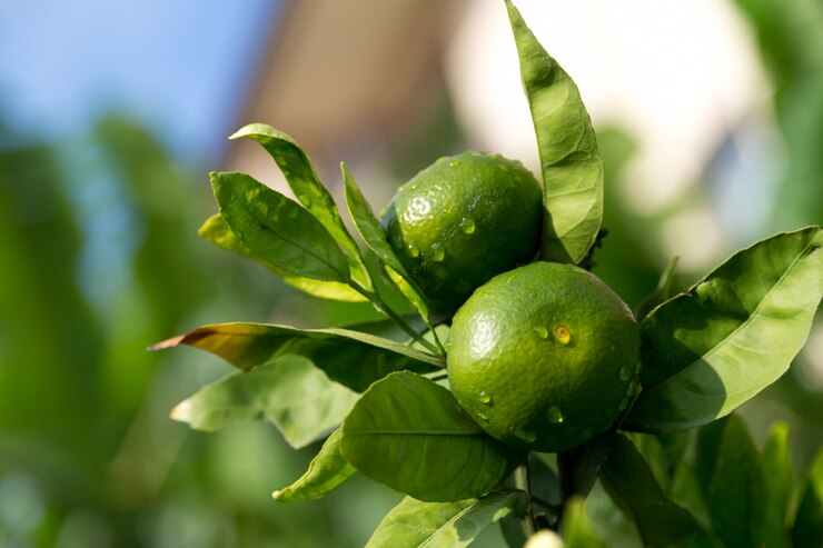 Close-up em tangerinas com frutas verdes e folhas verdes
