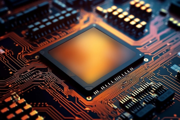 close-up em um microchip de ram CPU avançado de uma poderosa placa de computador