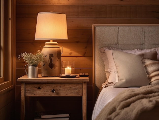 Foto close-up em uma lâmpada de estilo retro perto de uma cama aconchegante