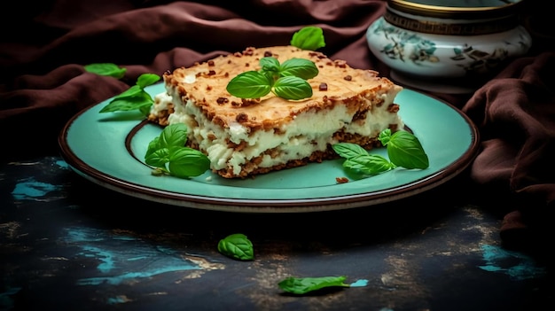 Close-up em uma porção de sobremesa italiana tiramisu gourmet coberta com um raminho de hortelã