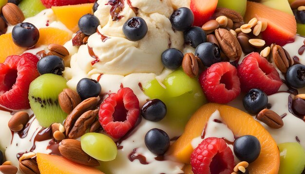 un close up de una ensalada de frutas con un yogur y fruta