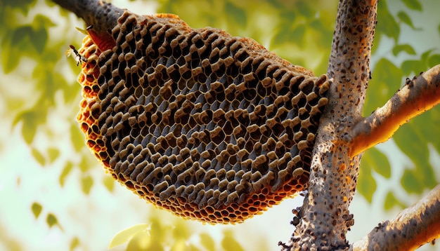 Foto close-up enxame de favo de mel em árvore