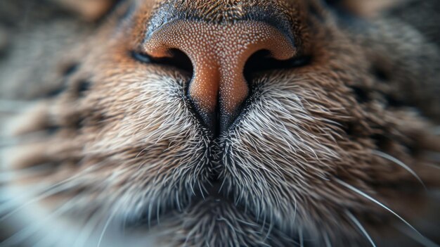 Foto close-up extremo de um nariz de felino mostrando detalhes intrincados e textura de pele