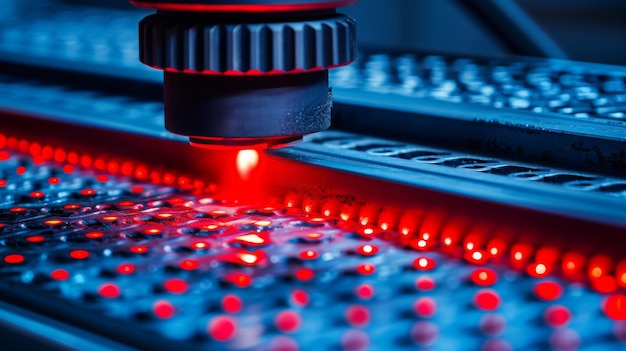 Foto close-up extremo de um sistema de recozimento a laser de alta precisão que recristaliza silício