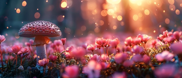 Close up de una fantasía mágica gran hongo en un jardín de cuento de hadas encantado con rosas rosas floreciendo en un campo en un fondo de estandarte misterio borroso con un rayo de sol brillante brillante y un