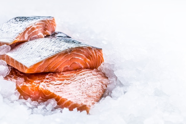 Close-up Filetes de salmón crudo fresco sobre hielo.