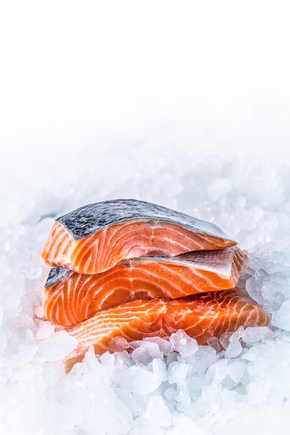 Close-up Filetes de salmón crudo fresco sobre hielo.