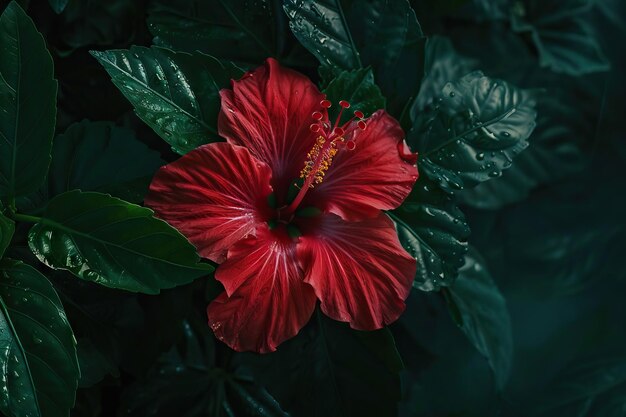 Close up flor de hibisco vermelho em folhas verdes fundo