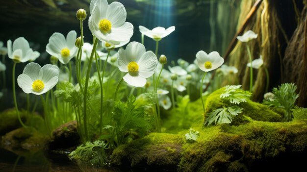 Close-up de flores blancas y musgo verde en un entorno forestal con una luz azul en el fondo