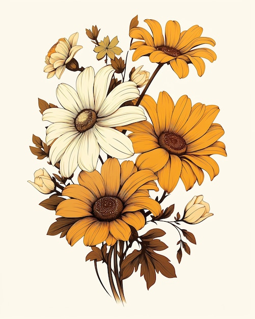 Close-up flores ilustração colorida marrom amarelo pretos margaridas lista de estêncil bem sombreado