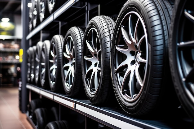 Close-up-Foto einer Reifenausstellung in einem Automobilgeschäft mit neuen und gebrauchten Reifen