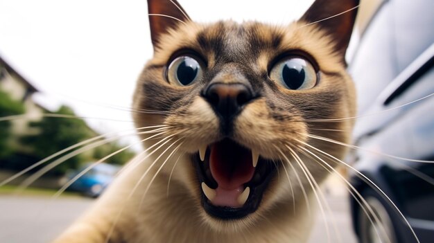 Foto close-up-foto eines lustigen, schockierten siamesen, der seine zunge herausstreckt