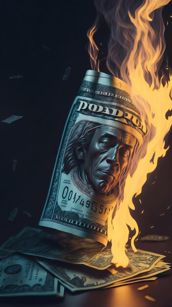 Foto close up fotorrealista queimando bilhete de dólar fogo isolado fundo escuro