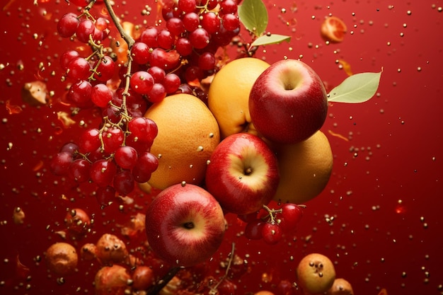 close-up frutas levitam em um fundo vermelho de tema de ano novo com efeito de ouro bohem