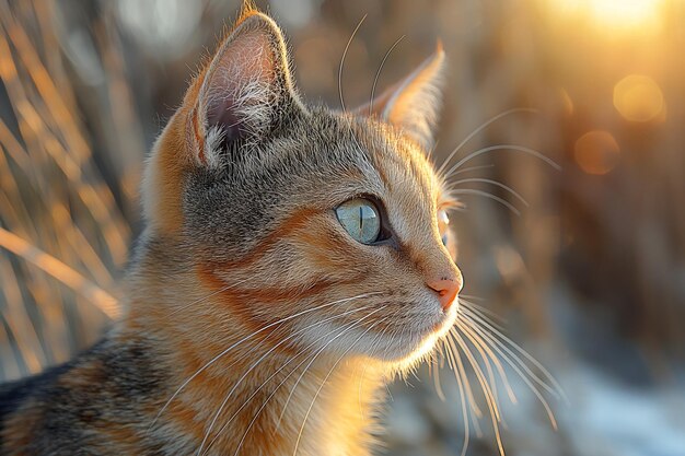 Un close-up de un gato en una playa con la luz del sol destacando su pelaje y características