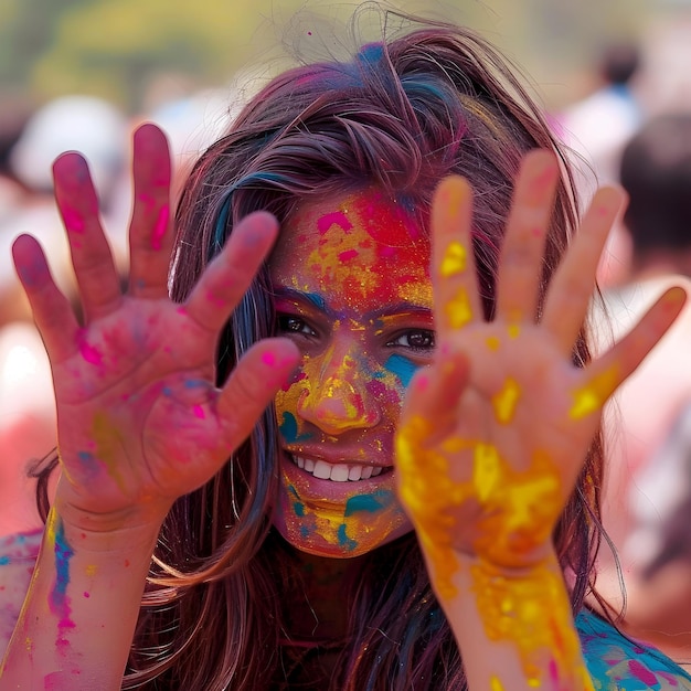 Close-up-Gesichtsfoto eines Mädchens, das mit Holi-Pulver bedeckt ist, für das Happy-Holi-Post-Design