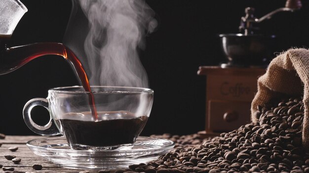 Close-up gießt Kaffee in Klarglas-Kaffeetasse, Becher mit Vintage-Mahlwerk-Espresso und Bohnen