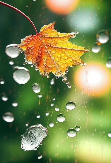 Close-up de gotas de lluvia sobre la hoja de arce