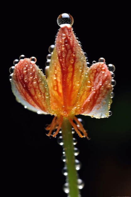 Close-up de gotas de rocío en una flor en budo creada con AI generativa