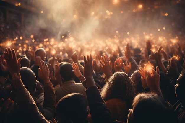 Close-up de un grupo de personas aplaudiendo con chispas durante un concierto