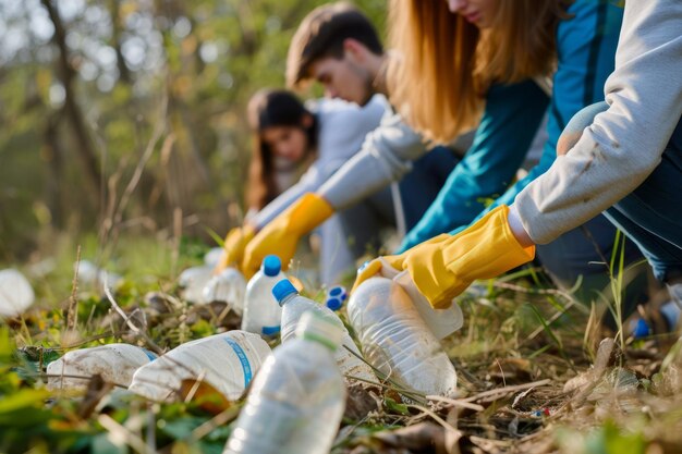 Close-up de un grupo de voluntarios que limpian la basura en entornos naturales IA generativa