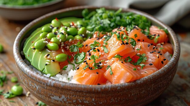 Foto close-up havaiano peixe salmão poke tigela com arroz rabaneto pepino edamame