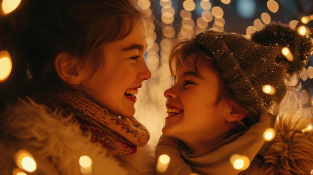 Close-up de hermanos riendo juntos sus rostros iluminados por cálidas luces festivas que encarnan el espíritu de las reuniones y celebraciones familiares 04