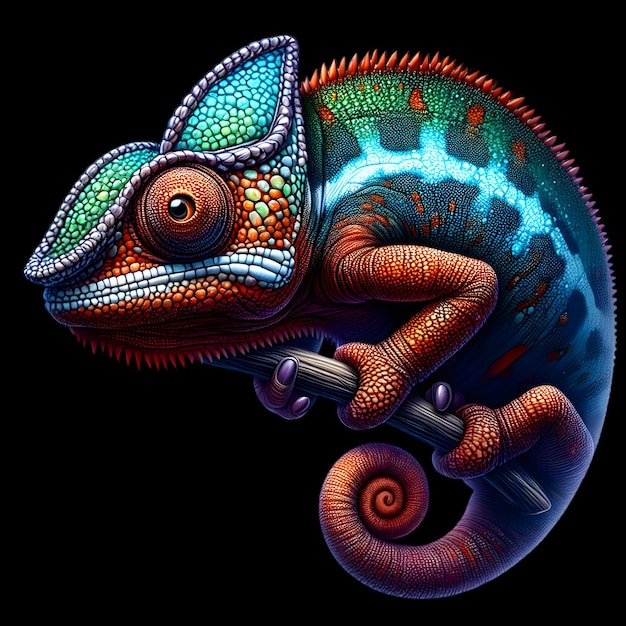 Close-up hermoso colorido animal lagarto camaleón en la imagen de la rama en fondo negro