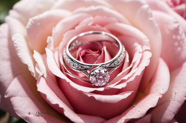 Foto close-up hochzeitsringe auf rosa rosenblüten