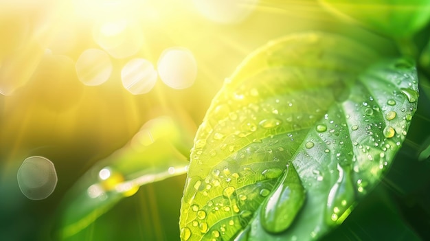 Close-up de hojas verdes frescas con gotas de agua bajo la luz del sol efecto bokeh suave