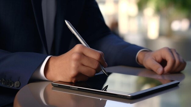 close up de hombres de negocios escribiendo a mano en una tableta con un bolígrafo digital