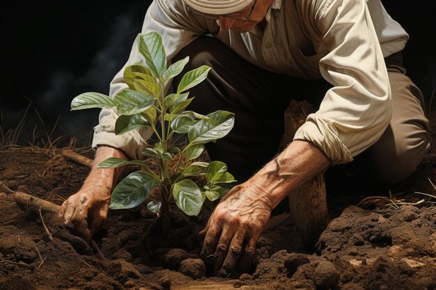 Close-up homem agricultor trabalhador luvas mãos plantando sementes tocando o solo solo jardinagem crescimento