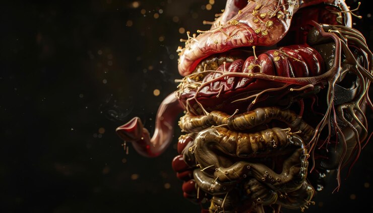 Foto close-up intrincado de órgãos humanos mostrando detalhes e textura em ambiente escuro