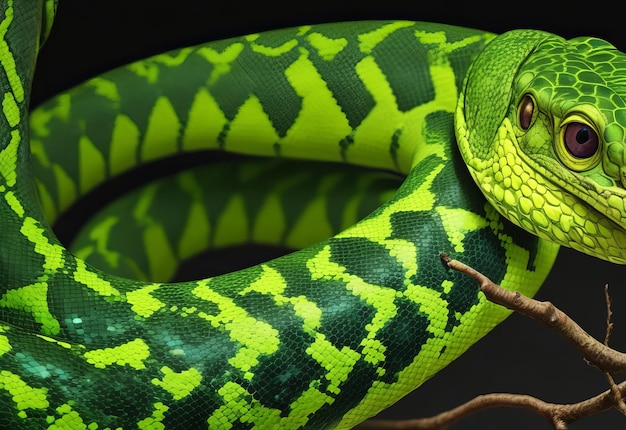 Close up juvenil de píton verde em um galho com fundo preto Pitão verde 'Morelia viri