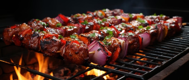 Close-up de kebabs de carne chisporroteantes en pinzas con verduras y humo en el fondo