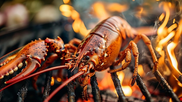 Un close-up de una langosta recién capturada siendo asada a la perfección sobre una llama abierta que muestra la indulgencia de los mariscos