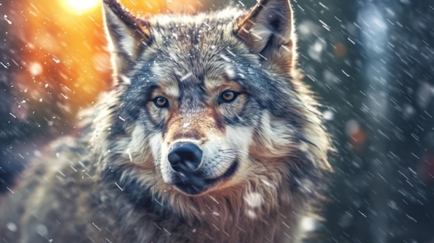 close up lobo con fondo de nieve