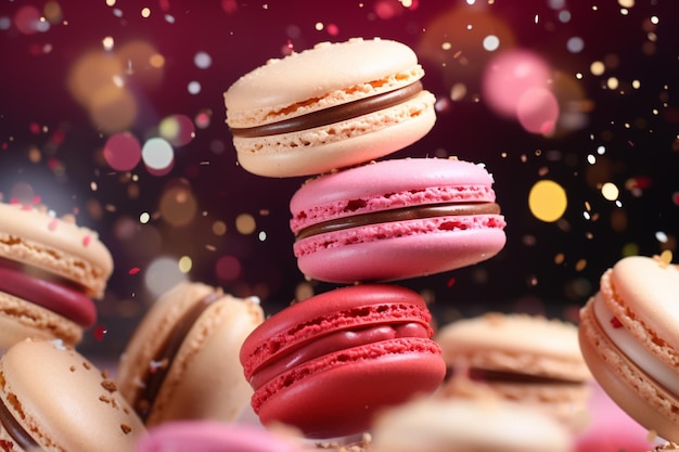 close-up macaroons levitam em um fundo de tema de natal