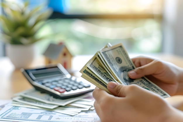 Close up de la mano de la mujer contando dinero con calculadora y casa en la mesa