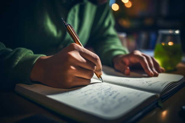 Close-up de la mano de una persona escribiendo en un cuaderno con un bolígrafo iluminado por la luz ambiental cálida que sugiere una noche acogedora de estudio o diario