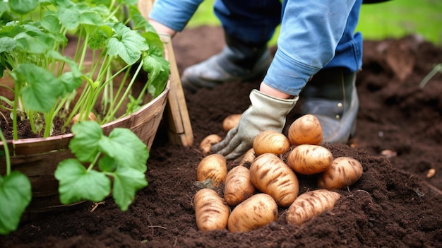 Close-up de las manos de una persona colocando patatas recién cosechadas en una canasta de mimbre en un campo con suelo rico y plantas verdes en el fondo