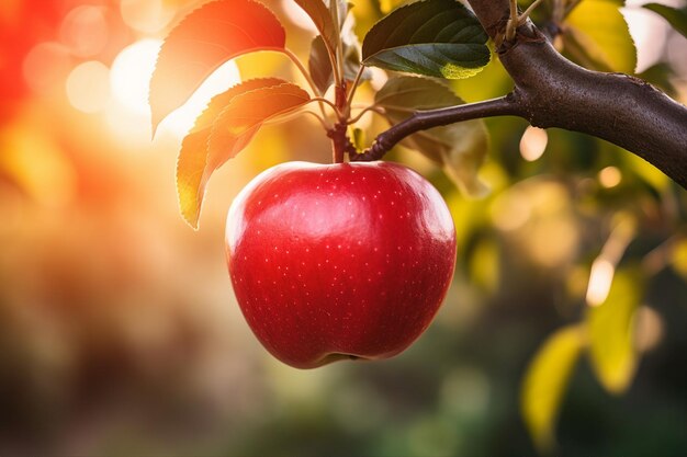 close up de una manzana colgando de un árbol con rayos de sol y un huerto de manzanas generativa AI