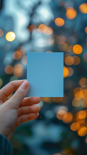 Close up Mão de mulher segurando pequeno papel azul com fundo bokeh Papel de parede móvel vertical