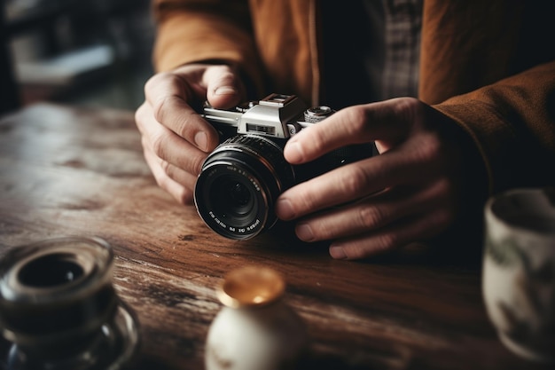 Close up mãos masculinas braços segurando fixação velha câmera vintage passatempo peças mecânicas lente da câmera em