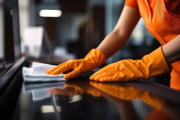 Foto close up mãos usando luvas de borracha laranja limpando a mesa de trabalho ia generativa