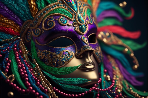 Close up Mardi Gras Mask und bunte Perlen Generative Ai