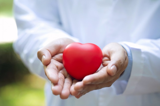 Foto close-up médico segurando e cuidando de coração vermelho com as duas mãos
